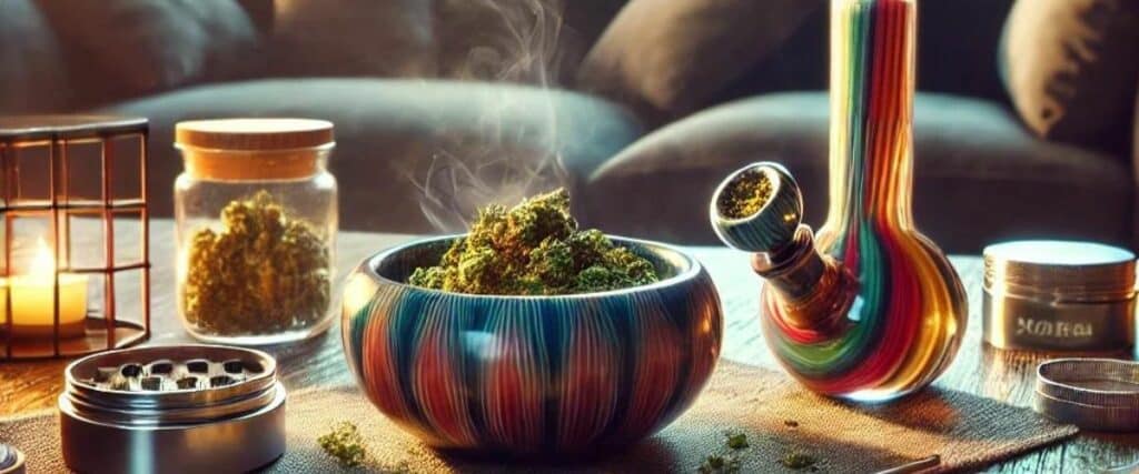 A steaming weed bowl next to a bong and a jar of cannabis on a wooden table.