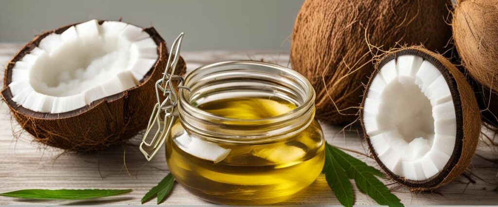 Finished product of a coconut oil weed recipe in a jar next to fresh coconut.
