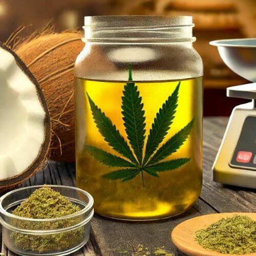 Preparation of coconut oil infused with weed on a kitchen table.