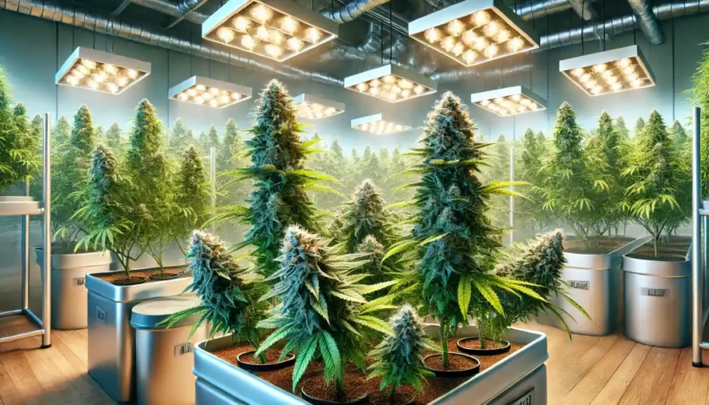 High-yielding indoor cannabis setup with multiple plants in metal pots under bright LED lights, optimized for maximum yield.