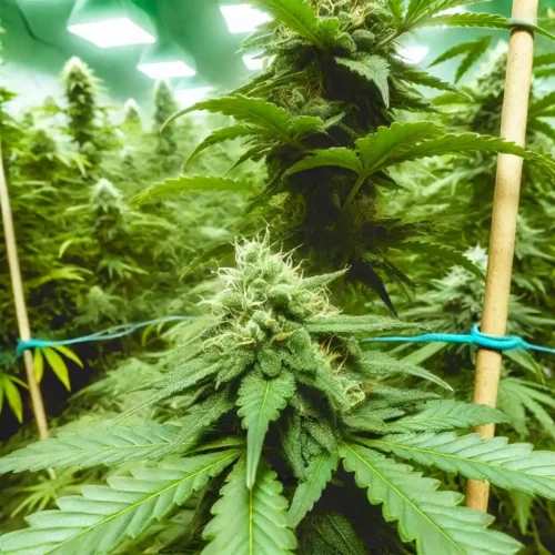 Indoor cannabis plant supported with stakes, representing one of the best yielding indoor strains, showing dense buds under LED lights.