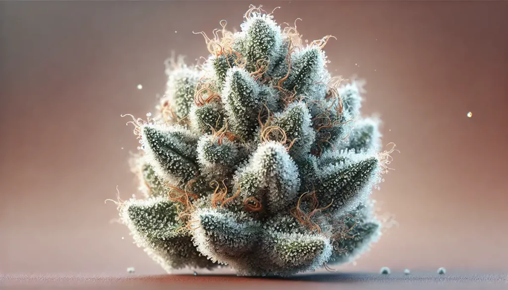 Detailed view of a cannabis bud with thick marijuana trichomes, highlighting the frosty, resinous appearance that contributes to the plant's potency.