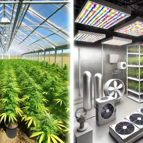 Side-by-side comparison of greenhouse and indoor cannabis cultivation setups, highlighting the differences in light sources and environmental control.