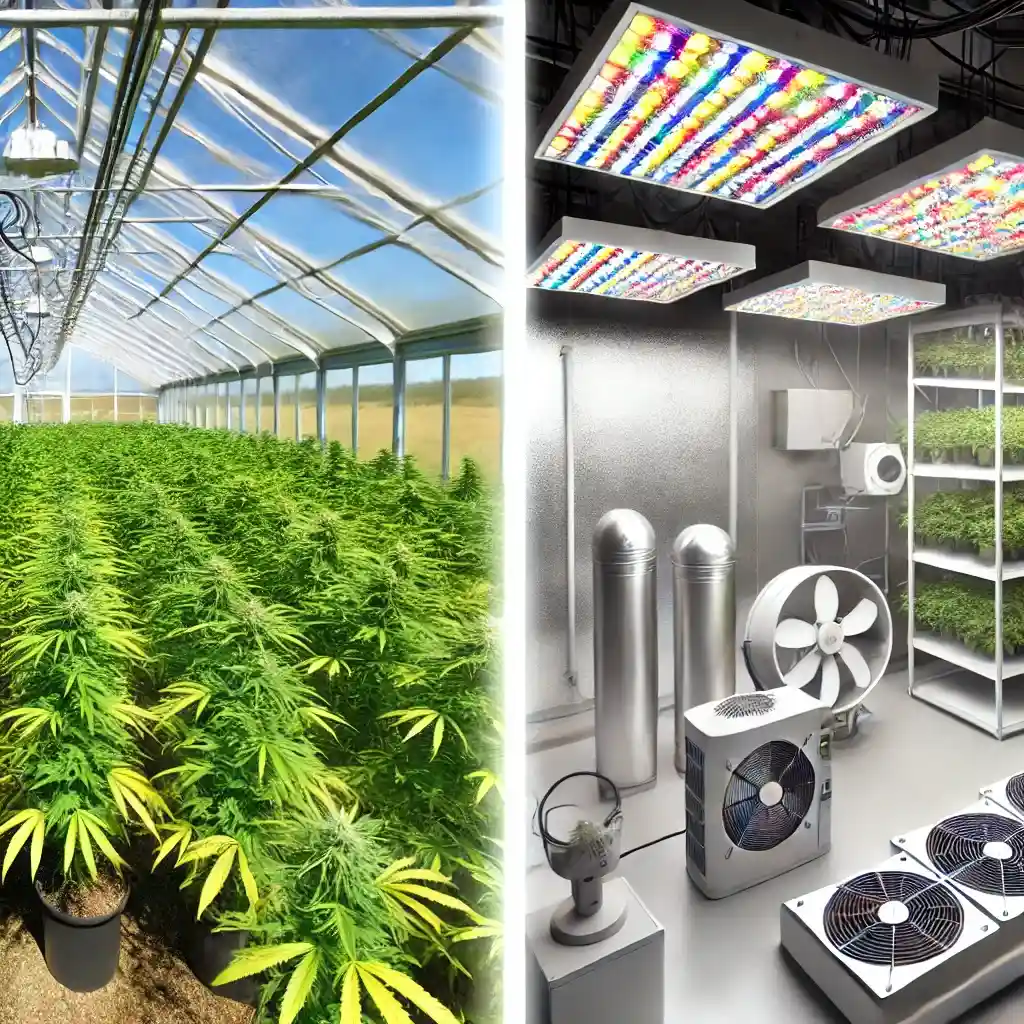 Side-by-side comparison of greenhouse and indoor cannabis cultivation setups, highlighting the differences in light sources and environmental control.