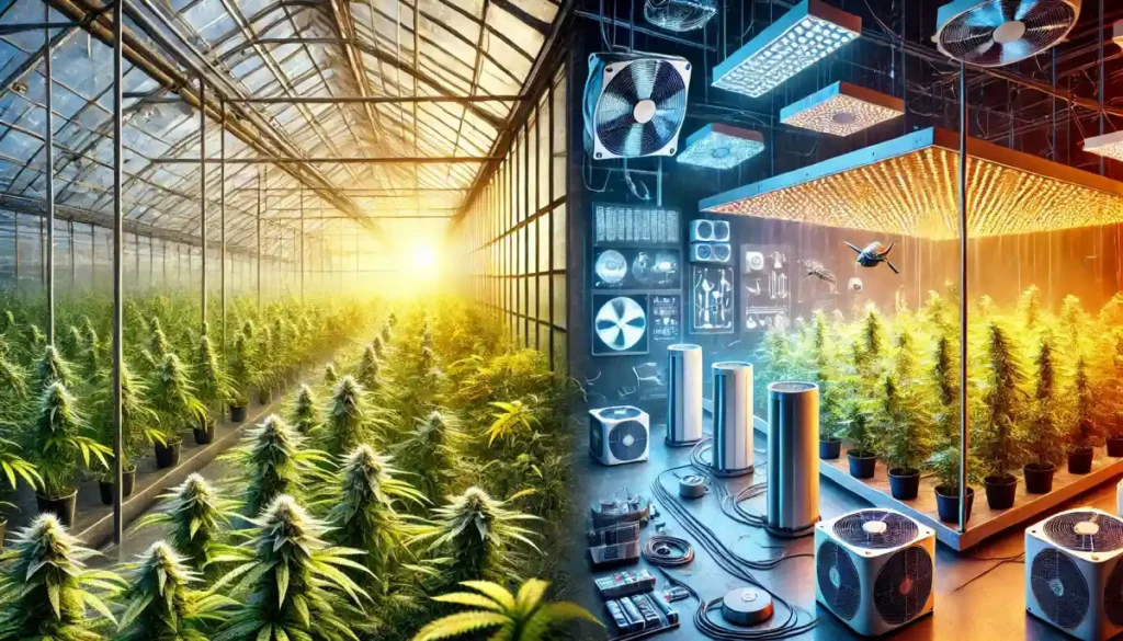 Contrast between greenhouse and indoor grow environments, showcasing natural sunlight in the greenhouse and LED lights with advanced equipment indoors.