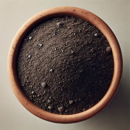 Top view of a terracotta pot filled with rich soil, emphasizing the base preparation for applying the best nutrients for autoflowers.