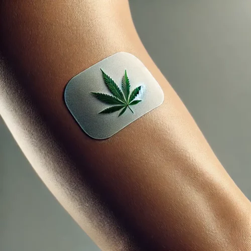 Close-up of a transdermal cannabis patch applied on the arm, featuring a cannabis leaf design, demonstrating discreet and effective cannabis delivery.