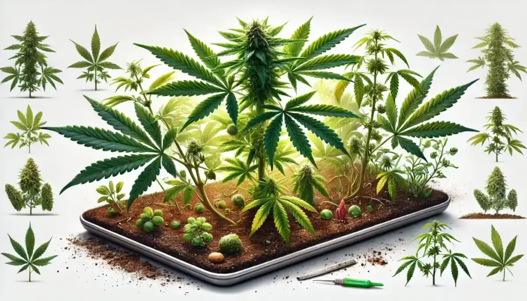 When do autoflowers start flowering: Diagram showcasing the development stages of an autoflowering cannabis plant in soil, highlighting the transition to flowering.