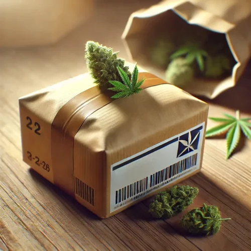 Sending Cannabis per Mail: Brown package with cannabis buds and leaves, prepared for discreet shipping, placed on a wooden surface.