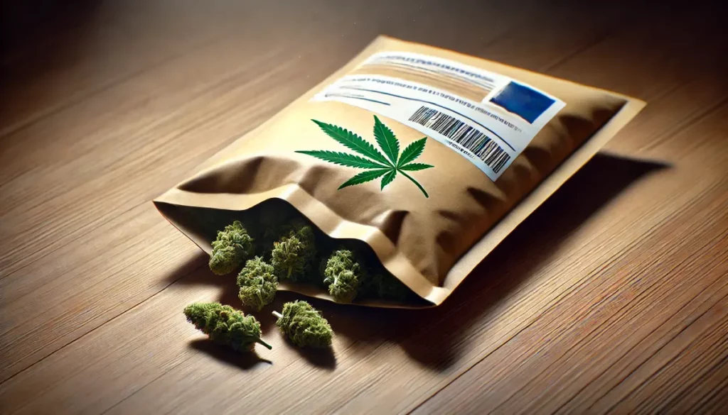 Sending Cannabis per Mail: Sealed brown bag containing cannabis buds, labeled with shipping details, displayed on a wooden table.