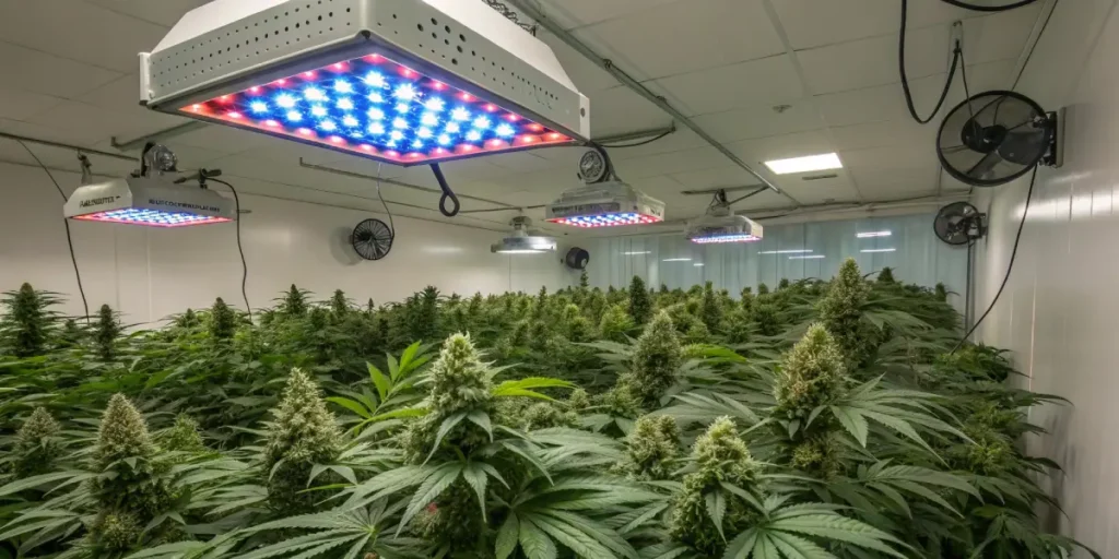 Indoor cannabis grow room with LED lights and flowering cannabis plants.


