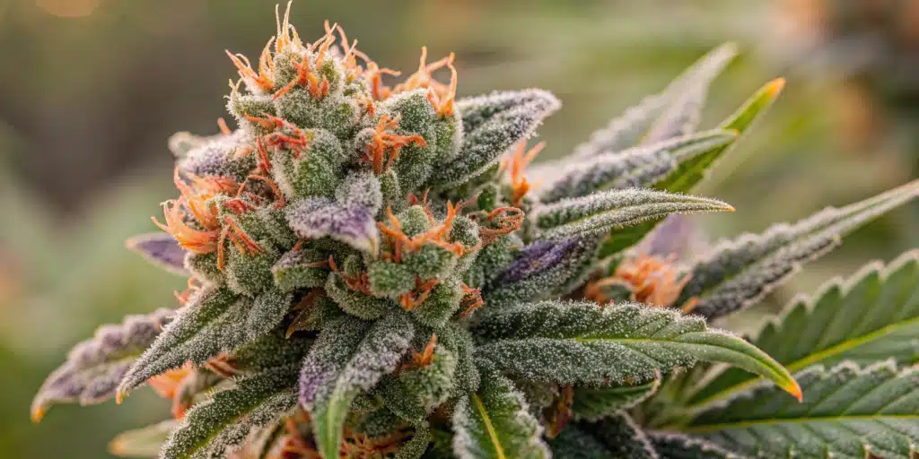 Steve's Hellfire OG bud closeup showing dense trichomes, orange pistils, and purple leaf tips.
