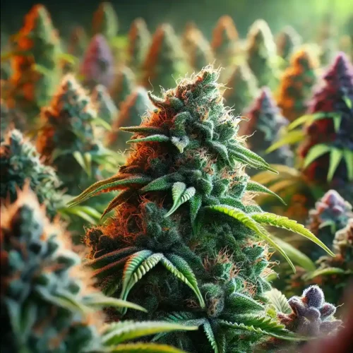 Cannabis plant bud showcasing trichomes and resin glands, representing quality breeding from top cannabis seed breeders.