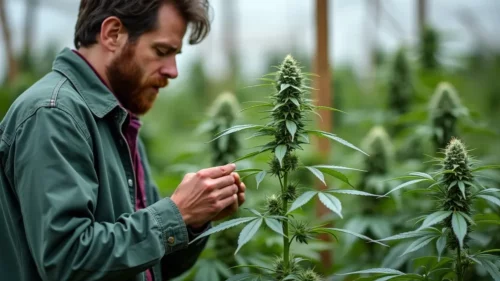 A cannabis breeder carefully examining a female plant in a greenhouse to select optimal traits for breeding.