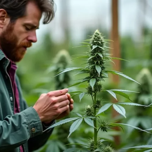 A cannabis breeder carefully examining a female plant in a greenhouse to select optimal traits for breeding.
