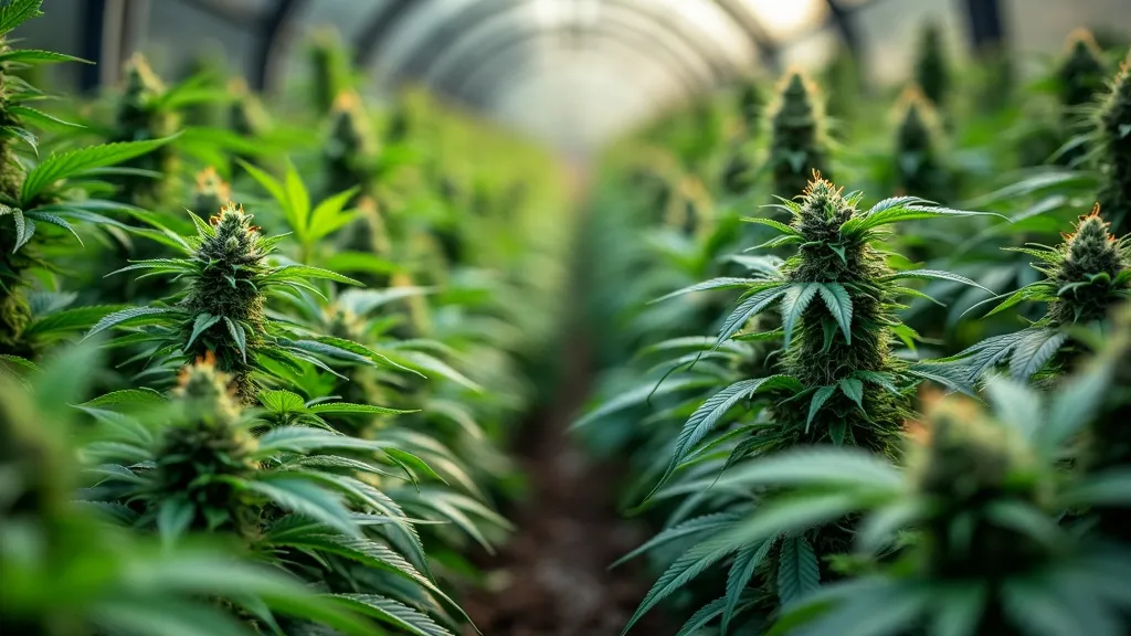 Rows of cannabis plants in a greenhouse, showcasing diverse phenotypes and the cultivation environment for breeding weed with various characteristics.