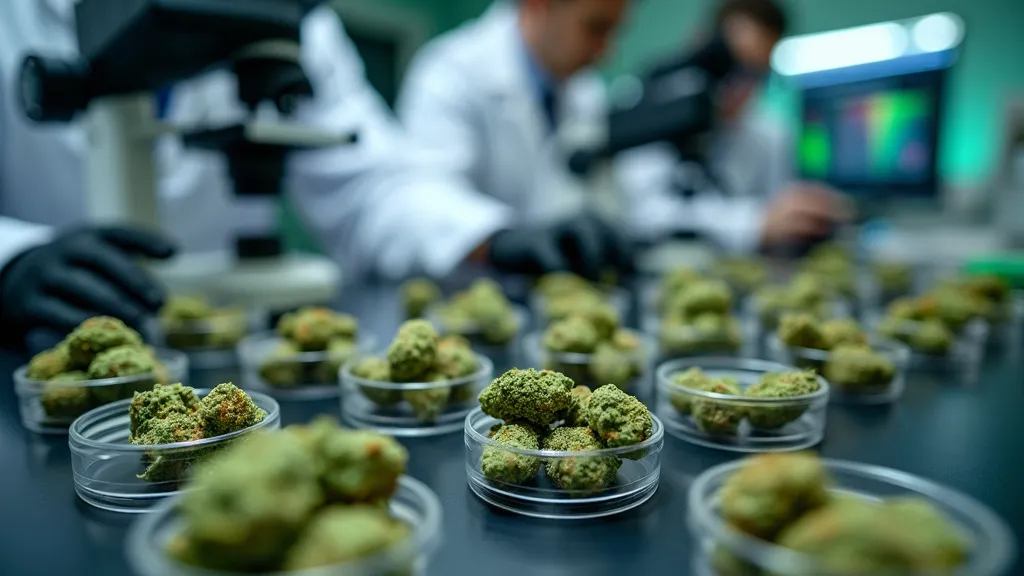 Laboratory setting with scientists examining cannabis buds in petri dishes, representing precise techniques in breeding weed for desirable traits.