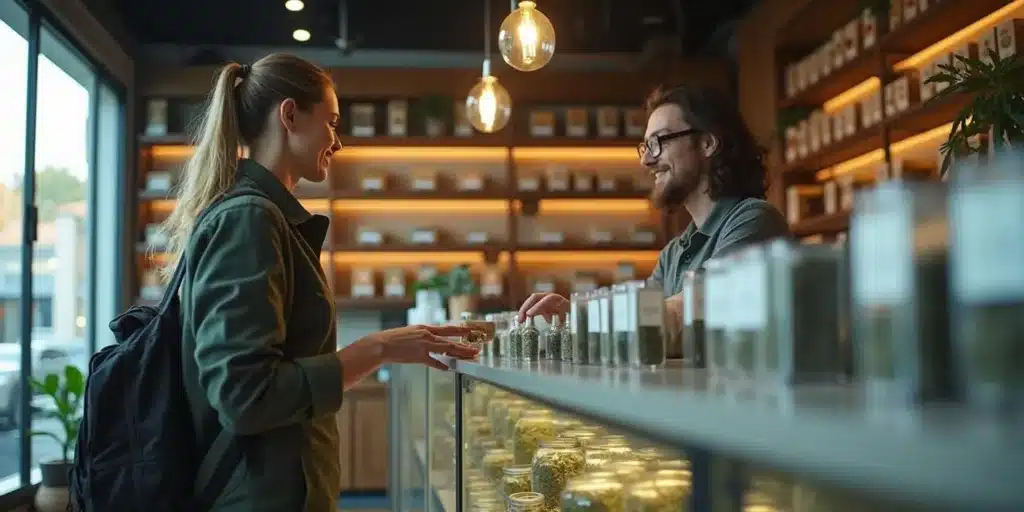 Customer purchasing cannabis at a dispensary, comparing the convenience of in-store purchases to sending cannabis per mail.