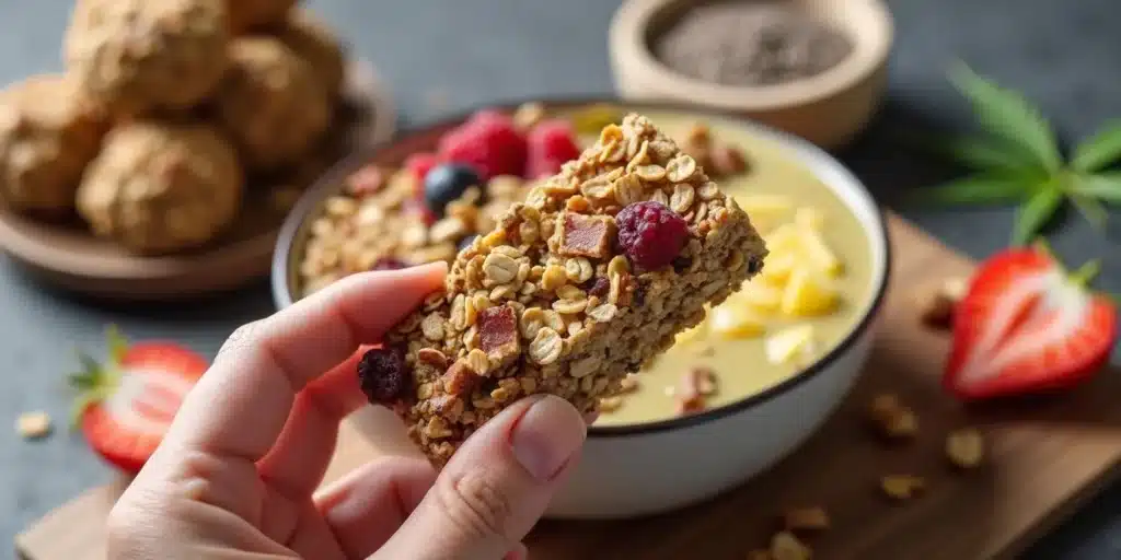 Hand holding a cannabis granola bar with mixed berries, oats, and a smoothie bowl in the background