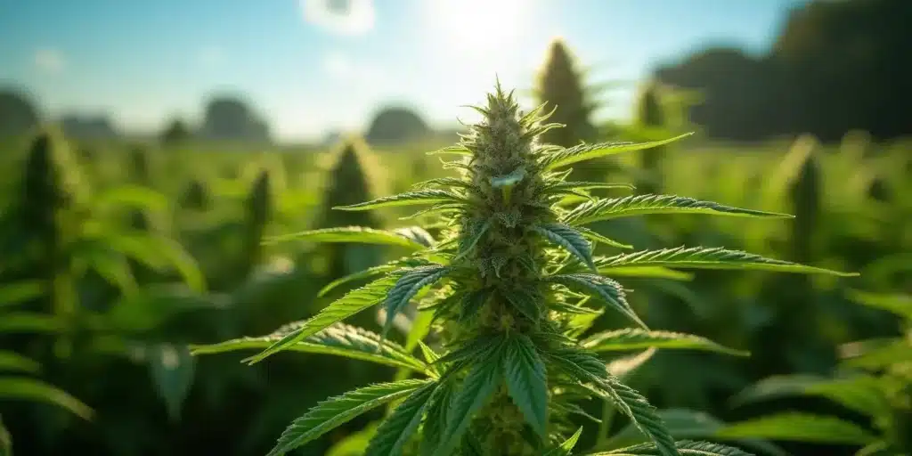 Close-up of a cannabis plant known for energizing effects in a sunny outdoor field.