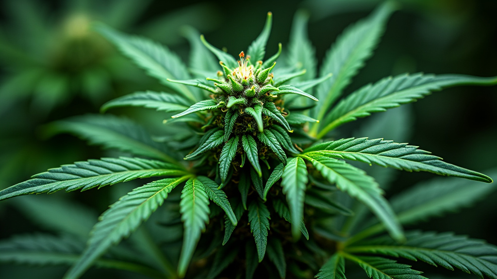 Close-up of a cannabis flower under intense grow light, highlighting lush green leaves and bud formation.