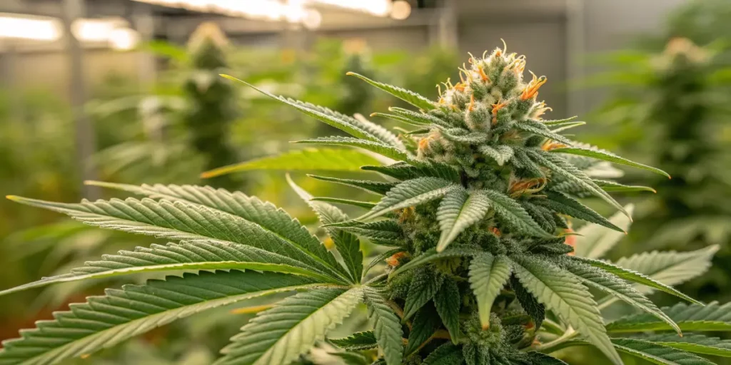Close-up of a cannabis bud with orange pistils and frosty trichomes in an indoor grow room.