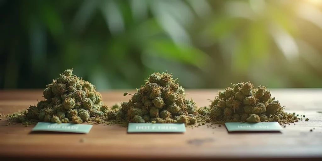 Comparison of mids weed and higher-grade cannabis piles on a wooden table with quality labels.