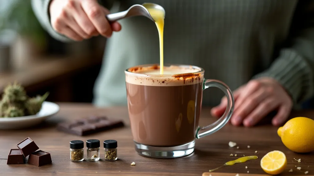 Pouring a creamy mixture into a hot chocolate with cannabis, surrounded by ingredients like chocolate, lemon, and cannabis buds, for a personalized weed hot chocolate.