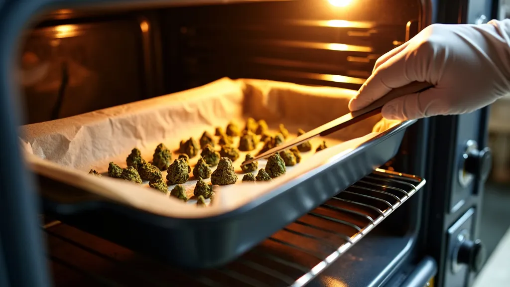 Decarboxylating cannabis buds on a tray in an oven, a crucial preparation step for adding weed in hot chocolate recipes.