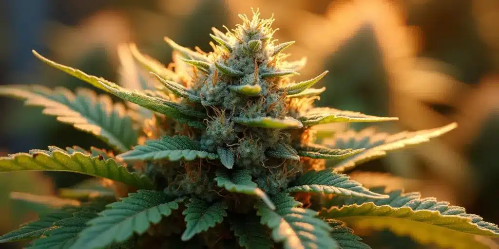 Close-up of an autoflowering cannabis plant beginning to flower under natural sunlight, highlighting early flowering stages.