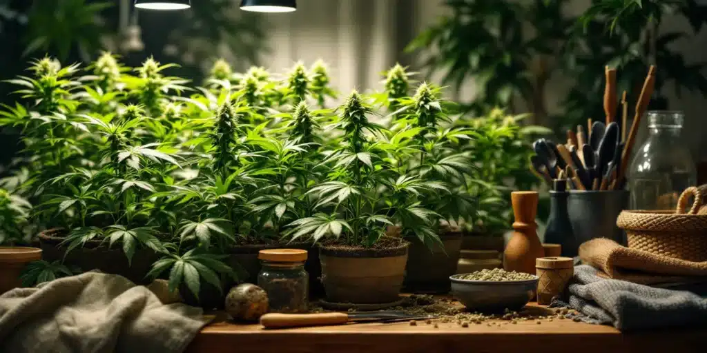 ndoor cannabis plants undergoing defoliation to improve airflow and light penetration during the flowering stage.
