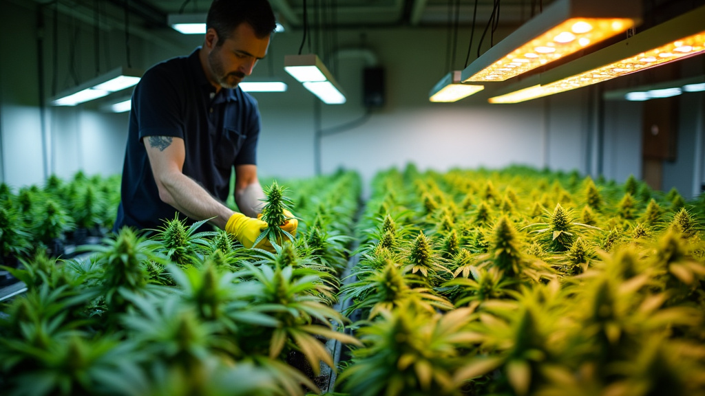 Cannabis grower tending to a room filled with mature cannabis plants under LED grow lights for efficient indoor cultivation.