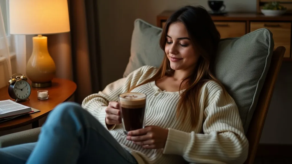 Woman relaxing on a chair, smiling while holding a warm cup of weed-infused hot chocolate, creating a cozy and calming atmosphere.