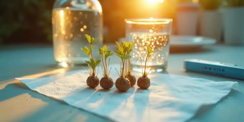 Young autoflower seedlings sprouting from germinated seeds on a paper towel with water and sunlight in the background.