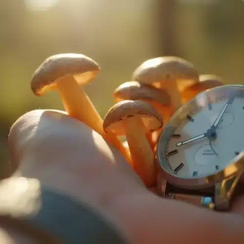 The waiting period for shrooms to kick in.