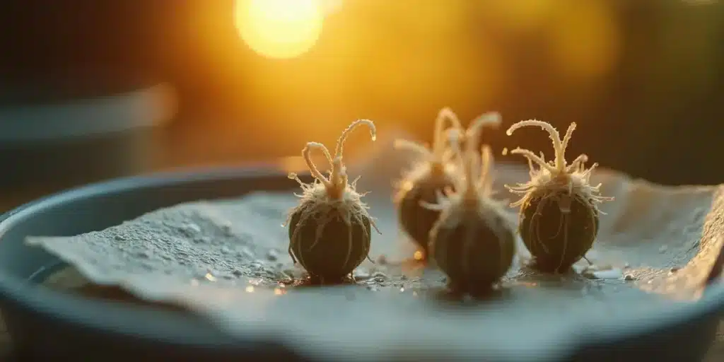Germinated autoflower seeds with visible roots placed on a moist paper towel during early morning sunlight.