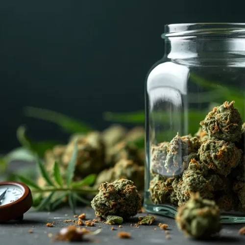 Glass jar filled with dry cannabis buds, with a humidity gauge nearby, illustrating techniques for how to moisturize weed and maintain optimal freshness.