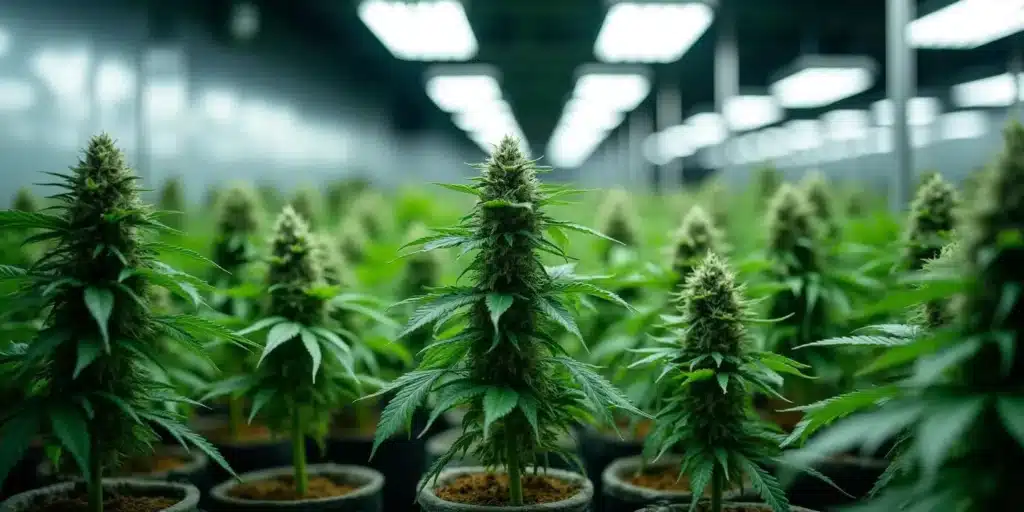 Indoor cannabis plants thriving under LED grow lights in a controlled environment.