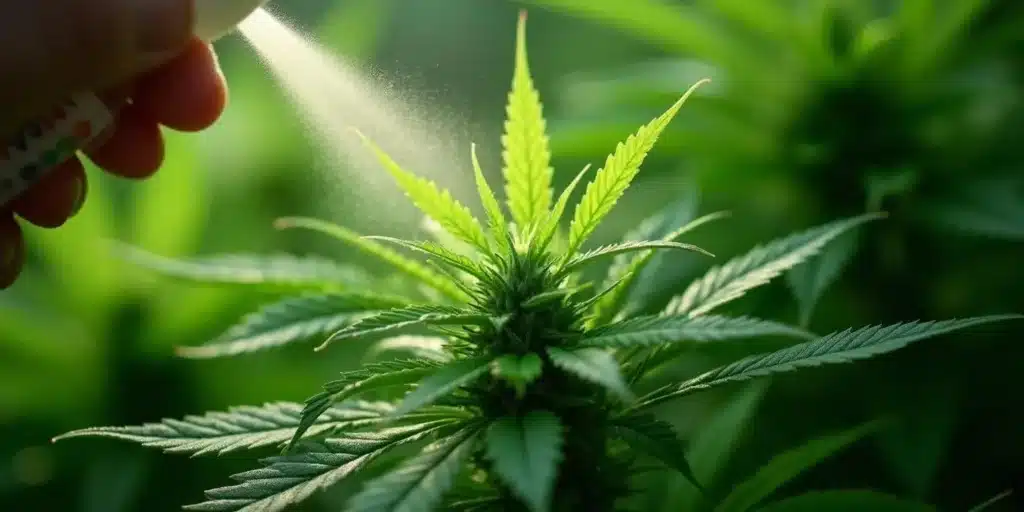 Close-up of a cannabis plant receiving foliar feeding for improved nutrient uptake and healthier growth.
