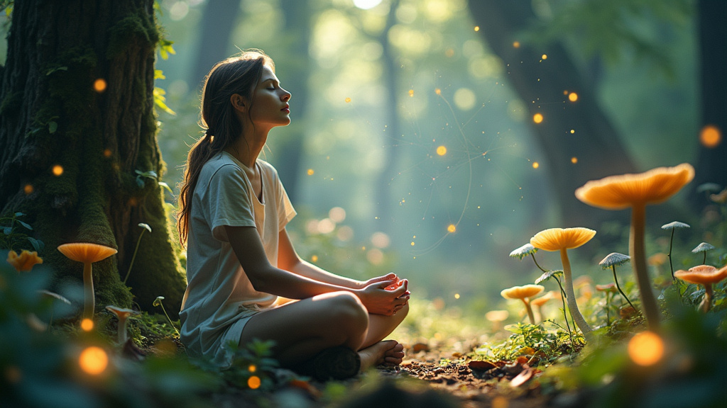 Person meditating among mushrooms in a serene forest, symbolizing the calming effects of shroom tea.