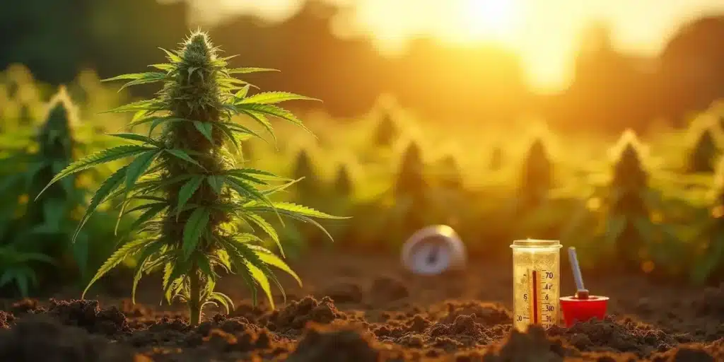 Cannabis plant in soil with thermometer, showcasing the right conditions to plant cannabis outside.