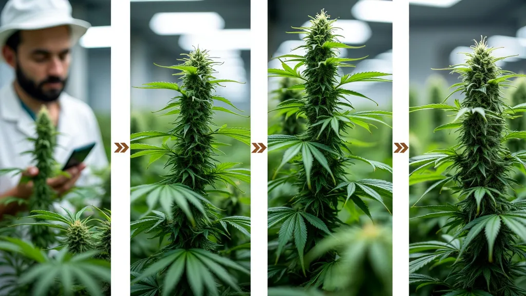 Sequence of cannabis plant growth stages, observed by a breeder in a greenhouse, illustrating the process of breeding weed for strain stability.