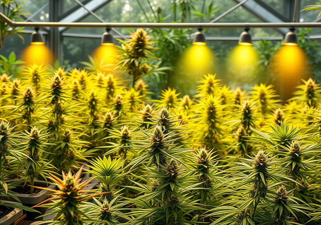 A greenhouse filled with thriving cannabis plants under yellow grow lights, illustrating the cultivation environment ideal for enhancing terpene profiles.