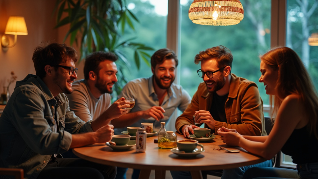 Group enjoying a social cannabis experience – Friends laughing and socializing around a table with cannabis products, illustrating a social experience with mids cannabis.