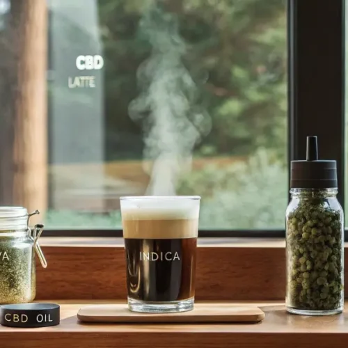 cannabis coffee bar setup with jars of sativa and indica strains, CBD oil, and THC cold brew