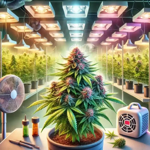 Indoor grow setup with a flowering cannabis plant under lights, humidity and fan equipment, ideal for maintaining the best humidity for flower stage.