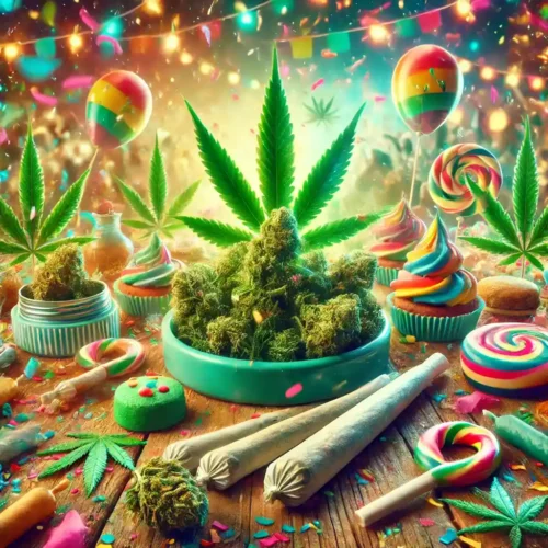 Festive table for Weed Holidays with cannabis buds, colorful treats, joints, and vibrant decorations, creating a lively celebration atmosphere.