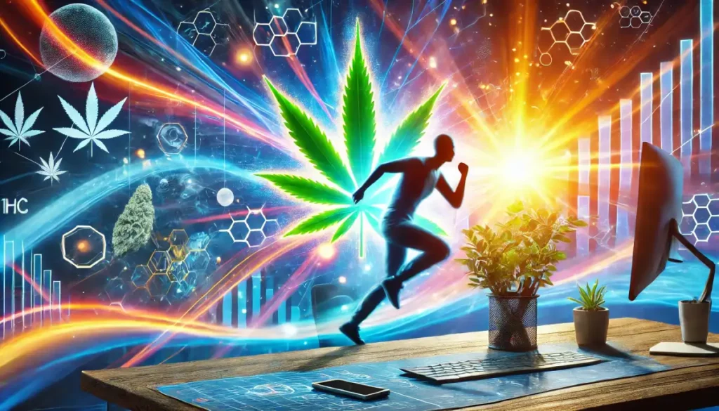 Energetic runner silhouette in a digital landscape with cannabis symbols and vivid light streams, representing the concept of using THC for energy.