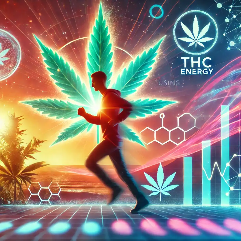 Silhouette of a runner with a large cannabis leaf and 'THC Energy' graphics, symbolizing the use of THC for energy in a vibrant sunset setting.