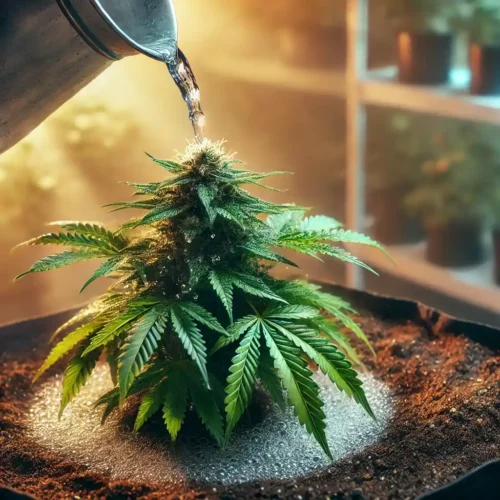 Water being poured onto a cannabis plant in soil, symbolizing the question: is it ok to flush during flower stage for optimal growth.